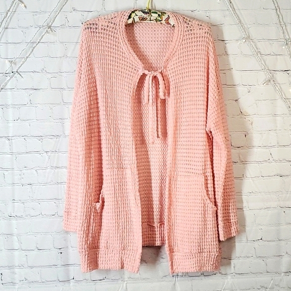 Chris & Carol Sweaters - Chris & Carol Tie Neck Cardigan Sweater Baby Pink Open Waffle Knit Neutral Sz L